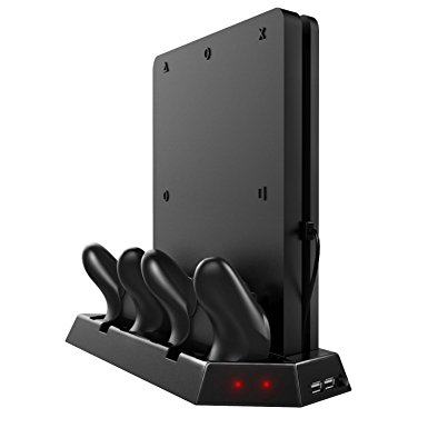 Kootek Vertical Stand for PS4 Slim with Cooling Fan - Controller Charging Station with Dual Charger for Sony Playstation 4 Slim Game Console