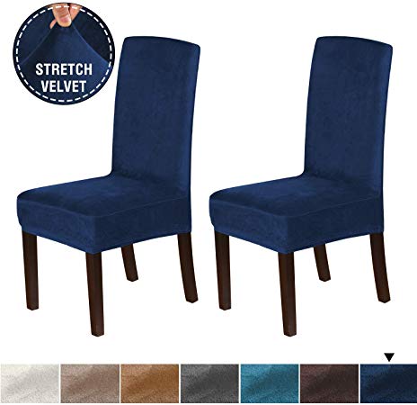 H.VERSAILTEX Velvet Plush Dining Room Chair Slipcovers Stretch Chair Covers for Home Decor Washable Removable High Dining Chair Protector Cover for Dining Room Set of 2, Navy