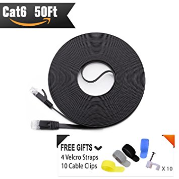 Cat 6 Ethernet Cable 50ft Black (At a Cat5e Price but Higher Bandwidth) Flat Internet Network Cables - Cat6 Ethernet Patch Cable Short - Cat6 Computer Lan Cable With Snagless RJ45 Connectors