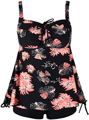 Hilor Women's Plus Size Swimwear Floral Tankini Set Drawtring Modest Two Piece Swimsuit