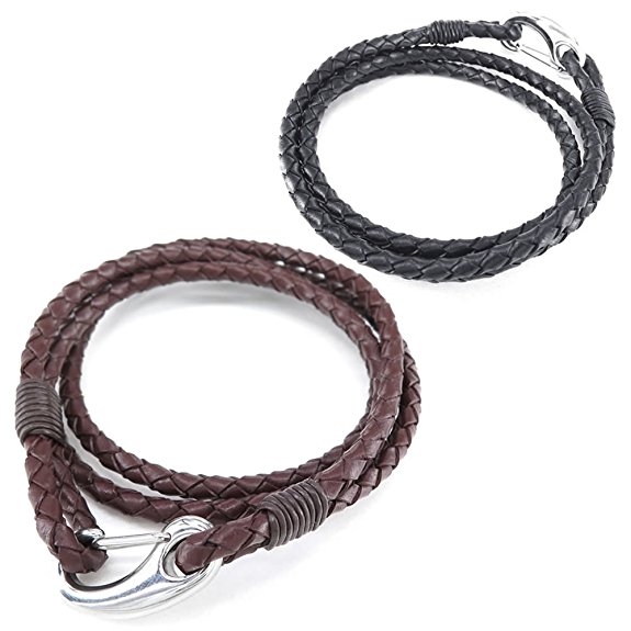 Konov Jewelry Leather Stainless Steel Mens Womens Bracelet, 2pcs Simple Braided Wrap Bangle, Brown Black, with Gift Bag, C25285