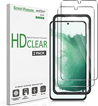 amFilm 2 Pack Hybrid Screen Protector Compatible with Samsung Galaxy S22 Plus 5G [6.6 Inch], [Fingerprint ID Compatible], HD Clear, Case Friendly with Easy Installation Tray