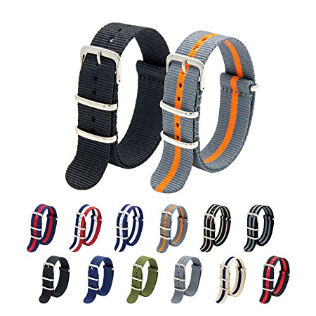 Nato Strap Pack of 2 - 18mm 20mm 22mm Premium Ballistic Nylon Watch Bands with Stainless Steel Buckle
