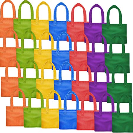 PAXCOO 28 Packs 7 Colors Party Favor Tote Gift Bags Non-Woven Goodie Treat Bags with Handles for Kids Birthday, 6 x 6 Inch