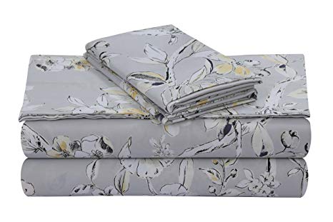 Tribeca Living Colmar 300 Thread Count Cotton Extra Deep Pocket Printed Sheet Set, King, Silver Grey/Multi