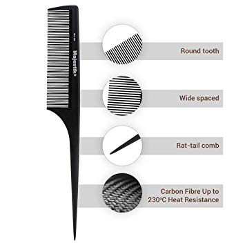 Hair Comb- a Professional Carbon Fibre Stanard Tail Pin Comb by Majestik , Strength & Durability, Fine Tooth, Black, With Free Bespoke PVC Product Pouch (MPC-009)