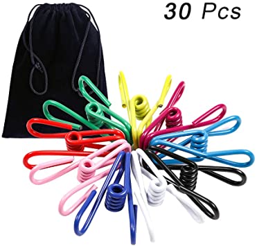 Moonmini 30Pcs Multicolor Clothesline Clips, Durable Metal Pin Hanging Clip Hooks for Clothesline, Laundry, Kitchen, Backyard, Outdoor Clothes Drying, Office Pin