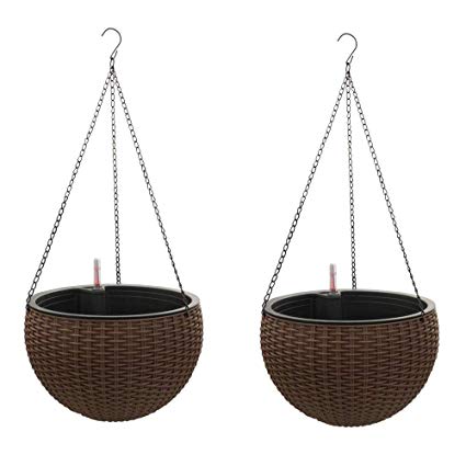 Self-Watering Hanging Planter Baskets with Water Reservoir & Fill Indicator, Espresso Brown, Self Watering Round Resin Garden Flower Pot Set for Flowers & Plants, for Home & Garden, Porch or Balcony