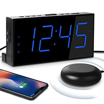 Loud Alarm Clock for Heavy Sleepers, Alarm Clock with Bed Shaker for Hearing Impaired Deaf, Dual Alarm with Snooze, USB Charger, 7'' Large LED Display, DST 12/24H, Battery Backup, Bedroom