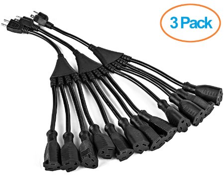 ClearMax 3 Prong 1-to-4 Power Cord Splitter Cable - Power Extension Cord - Cable Strip Outlet Saver - 16AWG - 18" Inches (3 Pack | Black)