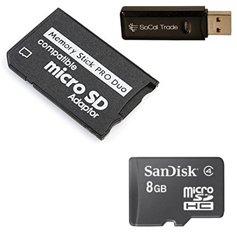 Sandisk 8GB 8G Class 4 microSD MicroSDHC Card with MicroSDHC to Memory Stick MS Pro Duo Adapter for Sony PSP and Cybershot Cameras with SoCal Trade Micro SDHC & SD Dual Slot Memory card Reader