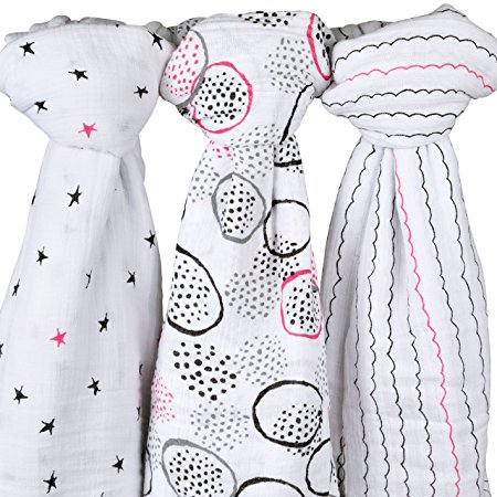 Cotton Muslin Swaddle Blanket 3 Pack Abstract Black and Hot Pink Circle Print