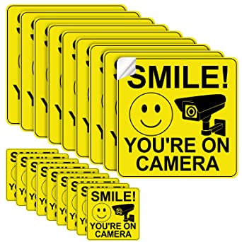 20 Pieces Smile You're On Camera Sticker Self-Adhesive 24 Hour Video Surveillance Sign Sticker UV Protected and Waterproof for CCTV Security Camera, Indoor and Outdoor Use, 3 x 3 Inch and 6 x 6 Inch