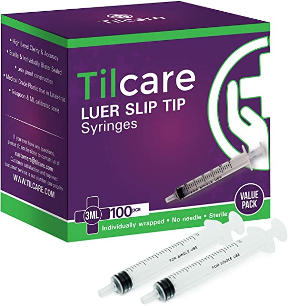 3ml Syringe Without Needle Luer Slip 100 Pack by Tilcare - Sterile Plastic Medicine Droppers for Children, Pets or Adults – Latex-Free Oral Medication Dispenser - Syringes for Glue and Epoxy