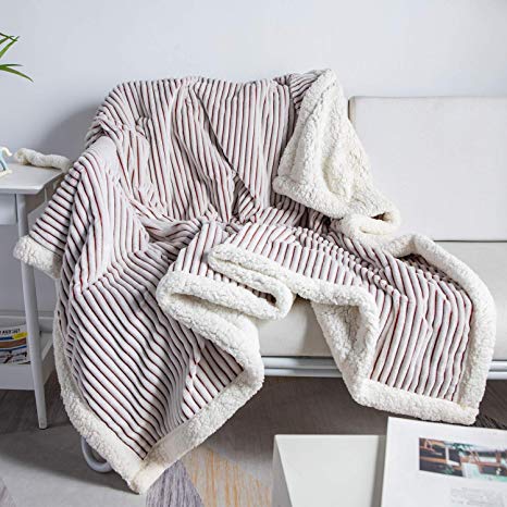 DISSA Sherpa Throw Blanket Soft Blanket with Brown and White Stripe for Bed Couch Sofa (Brown, 51x63'')