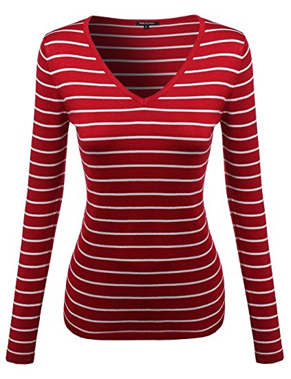 MBE Women's Basic V-neck Stripe Sweater Top Various Colors