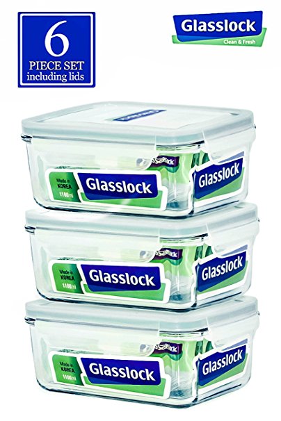Glasslock Food-Storage Container with Locking Lids Microwave Safe 6pcs Set Rectangular 37oz/1100ml