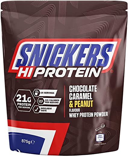 Snickers Hi Protein Chocolate, Caramel & Peanut Flavour Whey Protein Shake Powder 875g Pouch, Contains 25 Servings, 21g Protein Per Serving, Suitable for Vegetarians