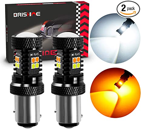 BRISHINE 1157 Switchback LED Bulbs Extremely Bright 3030 Chipsets Xenon White/Amber Yellow 2057 2357 7528 BAY15D LED Light Bulbs with Projector for Turn Signal Lights(Pack of 2)