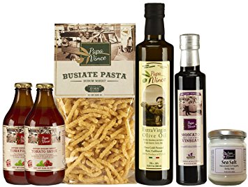 Gifts for Foodies 6-farm-fresh-items from artisans in Sicily, Italy. Extra Virgin Olive Oil, Moscato Balsamic Vinegar, Ancient Grain Pasta, Cherry Tomato Sauce, Trapani Sea Salt - Papa Vince