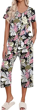 Ekouaer Women's Pajama Sets Short Sleeve Sleepwear Button Up Pj Loungewear Top and Capri Pants with Pockets