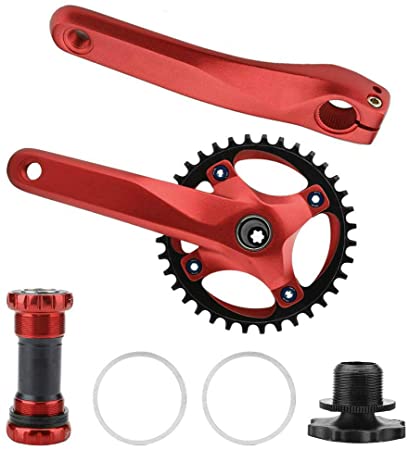 Bike Crank Set, Lightweight Bicycle Single Speed Crank Set Including 2 Crank Arms and Bottom Bracket for Cycling Mountain Road Bikes (Red)