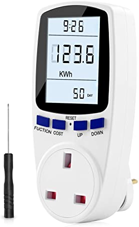 UK Plug Power Meter Energy Monitor with Backlight LCD Display Electricity Usage Monitor 7 Monitoring Modes Voltage Amps Wattage KWH Power Consumption Analyzer