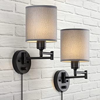 Swing Arm Wall Lamps Set of 2- Plug Wall Sconces with Grey Linen Lampshade, Wall Sconce with ON/Off Switch for Restaurants Bedroom Bathroom