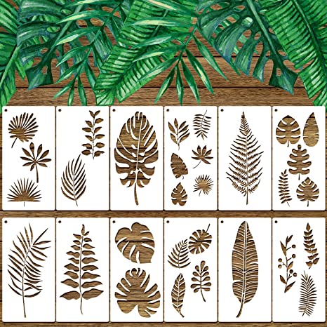 12 Pieces Tropical Leaf Stencils, Fern Leaf Monstera Palm Leaf Turtle Leaf Wall Stencil Template Botanical Leaves Reusable Stencils Set for Furniture Canvas Wood Plank Crafts DIY (6 x 12 Inches)