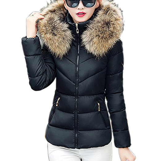 Womens Faux Fur Hooded Parka Jacket Quilted Padded Down Short Winter Puffer Coat Overcoat