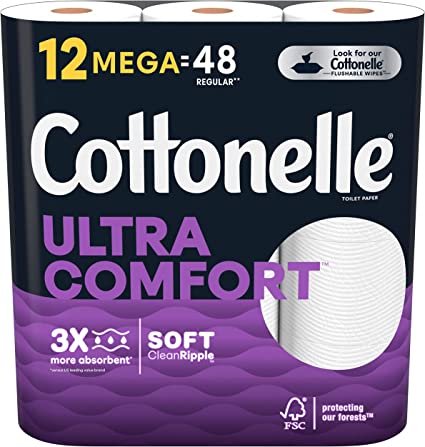 Cottonelle Ultra Comfort Toilet Paper, Strong Toilet Tissue, 12 Mega Rolls (12 Mega Rolls = 48 Regular Rolls), 268 Sheets per Roll, Packaging May Vary