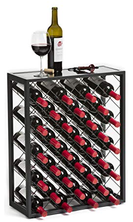 Mango Steam 32 Bottle Wine Rack with Glass Table Top, Pewter
