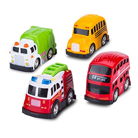 Car Toys-Pull Back Cars and Die-cast Vehicles for Toddlers & Kids (4 Pieces)-Friction Powered-Bright Colored