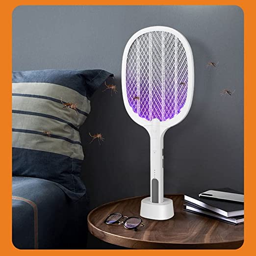Mosquito Killer Racket Rechargeable Handheld Electric Fly Swatter Mosquito Killer Racket Bat with UV Light Lamp Racket USB Charging Base, Electric Insect Killer (Bat)