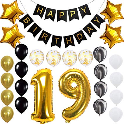 Happy 19th Birthday Banner Balloons Set for 19 Years Old Birthday Party Decoration Supplies Gold Black (19)