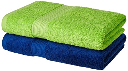 Amazon Brand - Solimo 100% Cotton 2 Piece Bath Towel Set, 500 GSM (Iris Blue and Spring Green)