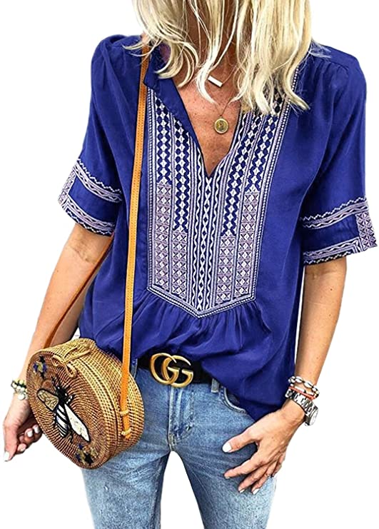 FARYSAYS Women's Summer Boho Embroidered V Neck Short Sleeve Casual T-Shirt Tops Loose Blouse