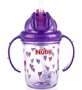 Nuby 2-Handle Printed No-Spill Thin Flip-It W/360 Weighted Straw Cup, Hearts/Purple