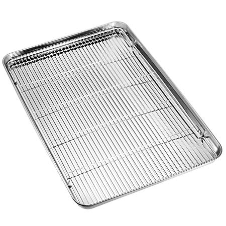 Large Baking Sheets with Rack Set, HKJ Chef Cookie sheet and Nonstick Cooling Rack & Stainless Steel Baking Pans & Toaster Oven Tray Pan Rectangle Size 24L x 16W x 1H inch & Non Toxic & Healthy