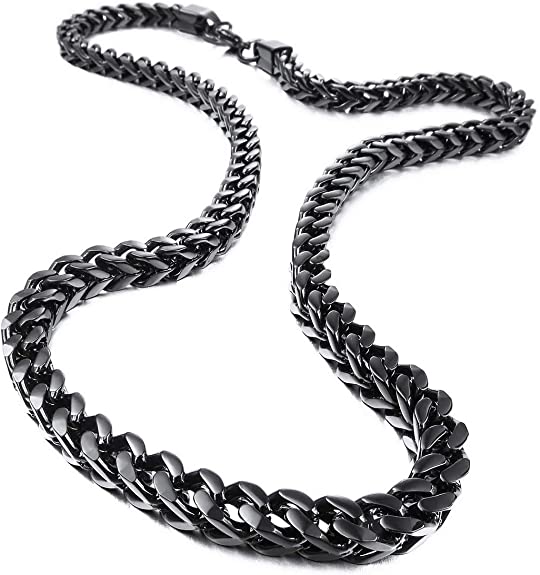 INBLUE 6MM Wide Chain Necklace for Men Women Boys Girls Stainless Steel Cuban Link Chain Necklaces Water Resistant Thick Metal Foxtail Chains (3 Colors - Silver Black Gold, 21.6 Inch Long)
