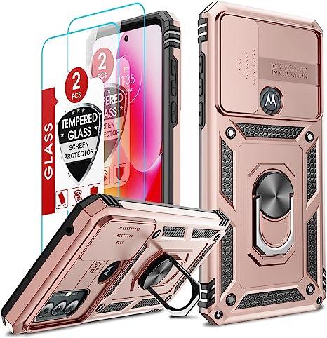 LeYi for Moto G Pure Case, Moto G Power 2022 Case with Slide Camera Cover   [2 Pack] Tempered Glass Screen Protectors, Military-Grade Phone Case with Kickstand for Motorola G Pure, Rose Gold