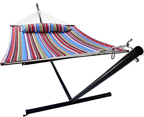 Sorbus Hammock with Spreader Bars and Detachable Pillow, Heavy Duty, 450 Pound Capacity, Accommodates 2 People, Perfect for Indoor/Outdoor Patio, Deck, Yard (Hammock with Stand, Blue/Red)