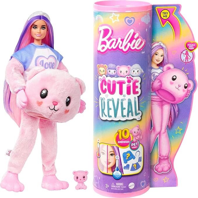 Barbie Cutie Reveal Doll with Pink Hair & Teddy Bear Costume, 10 Suprises Include Accessories & Pet (Styles May Vary)