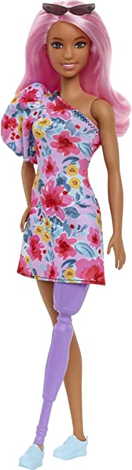 Barbie Fashionistas Doll #189 with Prosthetic Leg, Pink Hair, Floral Dress, Sneakers & Sunglasses Accessory