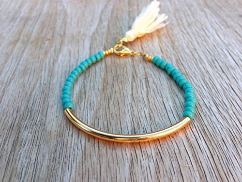 Gold tube bracelet, Beaded Bracelet, beaded bangle, tassel bracelet, Friendship bracelet, seed beads bracelet, seed beads bangle, turquoise beads