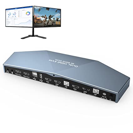 Dual Monitor HDMI 2.0 KVM Switch 2 Port Extended Display 4K@60Hz, USB KVM Switch HDMI 2 in 2 Out with Audio Microphone Output and 3 USB 2.0 Hub, 2 HDMI Monitors 2 Computers Switch, with 2 USB Cables