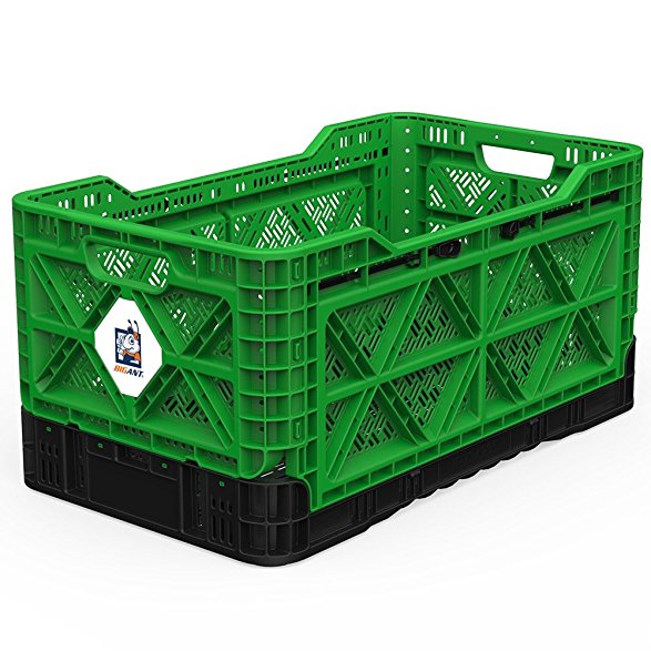 BIGANT Heavy Duty Collapsible & Stackable Plastic Milk Crate - IP734235, 23.8 Gallons, Large Size, Green, Set of 1, Absolute Snap Lock Foldable Industrial Storage Bin Container Utility Tote Basket
