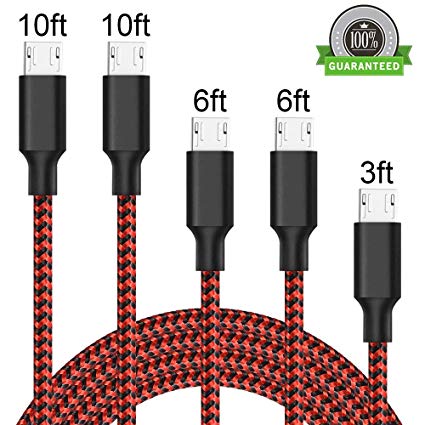 ONSON Micro USB Cable,5Pack 3FT 2x6FT 2x10FT Long Premium Nylon Braided Android Charger USB to Micro USB Charging Cable Samsung Charger Cord for Samsung Galaxy S7 Edge/S7/S6/S4/S3,Note 5/4/3-Red