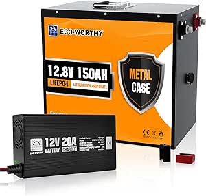 ECO-WORTHY 12V 150AH LiFePO4 Lithium Battery and 12V 20Amp Automatic Smart Battery Charger and Maintainer with 120A BMS, 3000  Deep Cycles, for RV, Marine, Motorhome, Solar, Household Battery