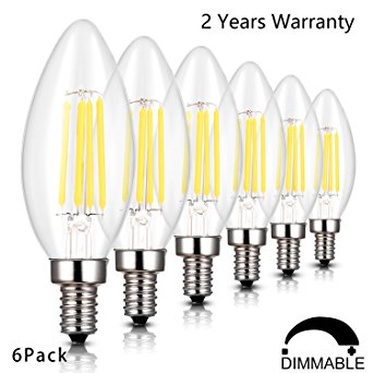 4W LED Filament Candle Light Bulb, 2700K Warm White 400LM, E12 Candelabra Base Lamp, C35 Torpedo Shape Bullet Top, 40W Incandescent Replacement, dimmable, 6 Pack